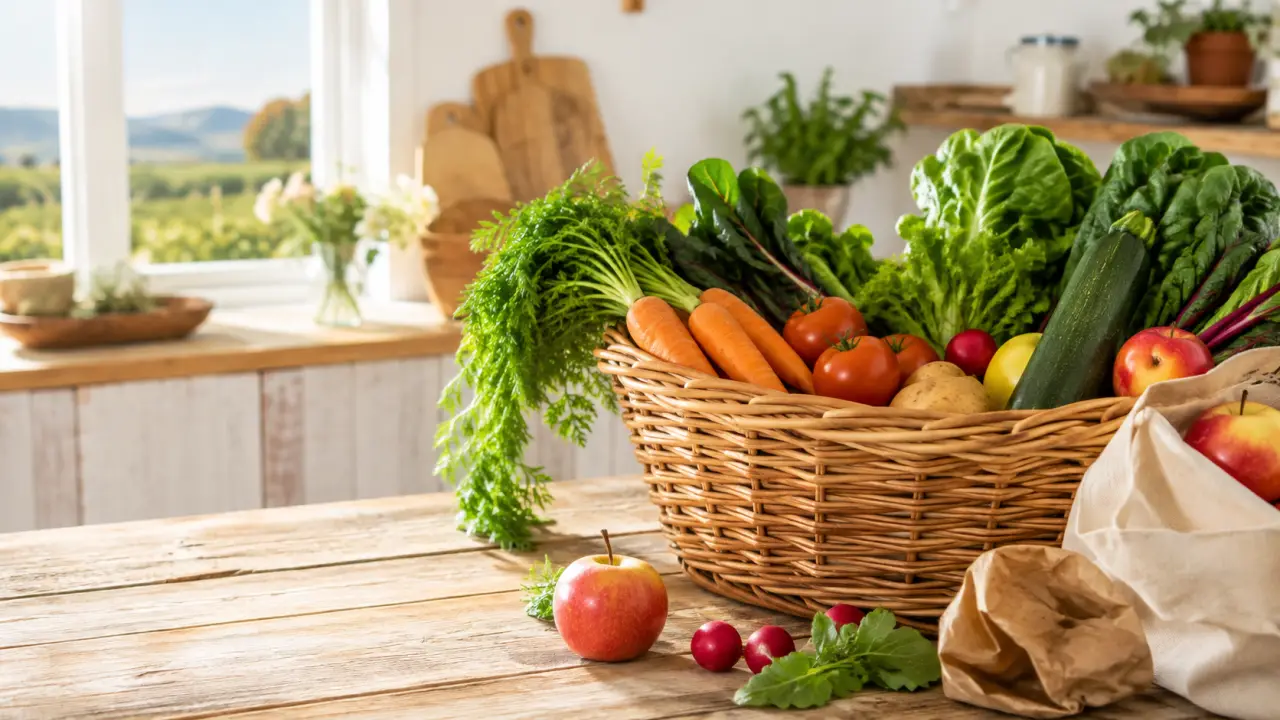 Panier bio local garni de légumes de saison colorés
