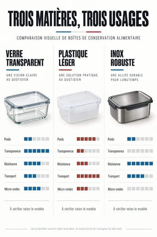 Comparatif visuel d’une boîte de conservation alimentaire en verre, plastique et inox