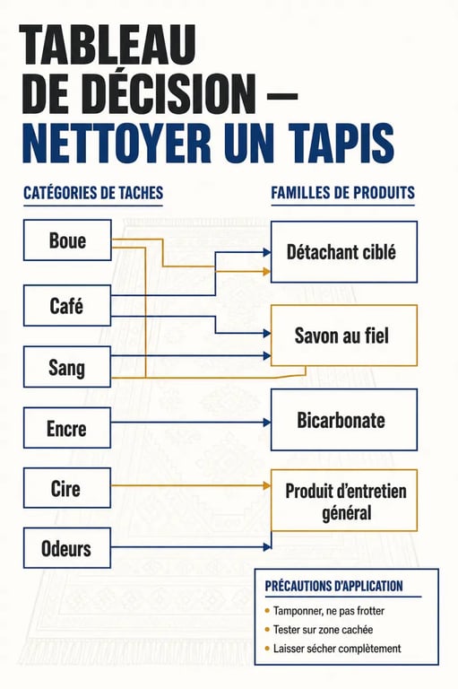 Nettoyage tapis produit : tableau visuel des produits à choisir selon la tache et la fibre