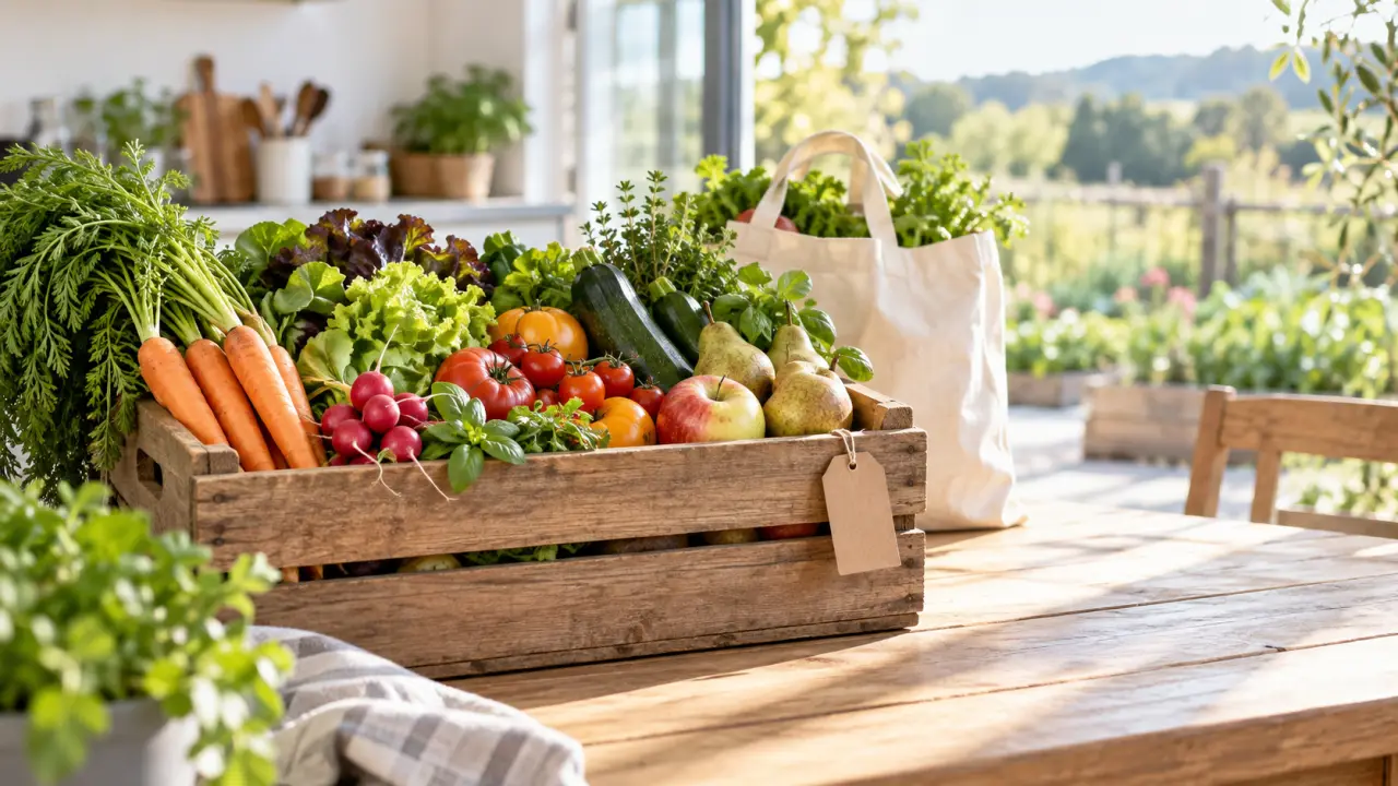 Panier en osier rempli de légumes bio et de fruits de saison