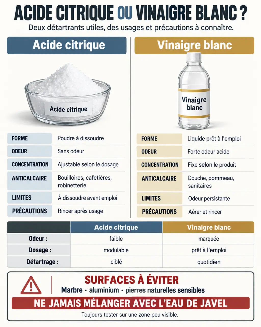 Infographie comparative acide citrique vinaigre blanc pour le détartrage et les surfaces compatibles