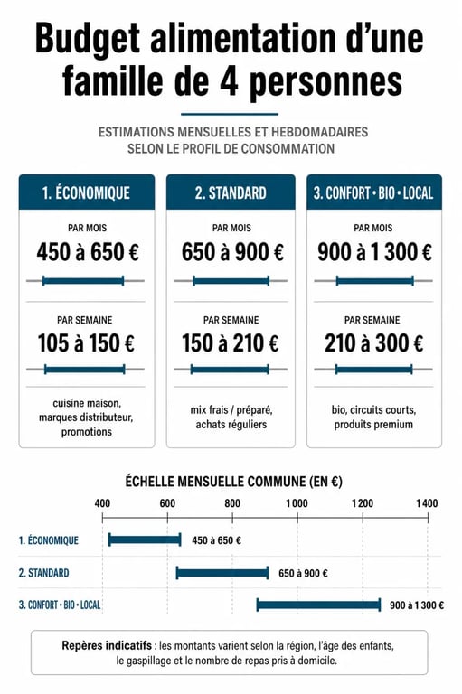 Budget alimentation famille 4 personnes : fourchettes mensuelles et hebdomadaires selon le profil