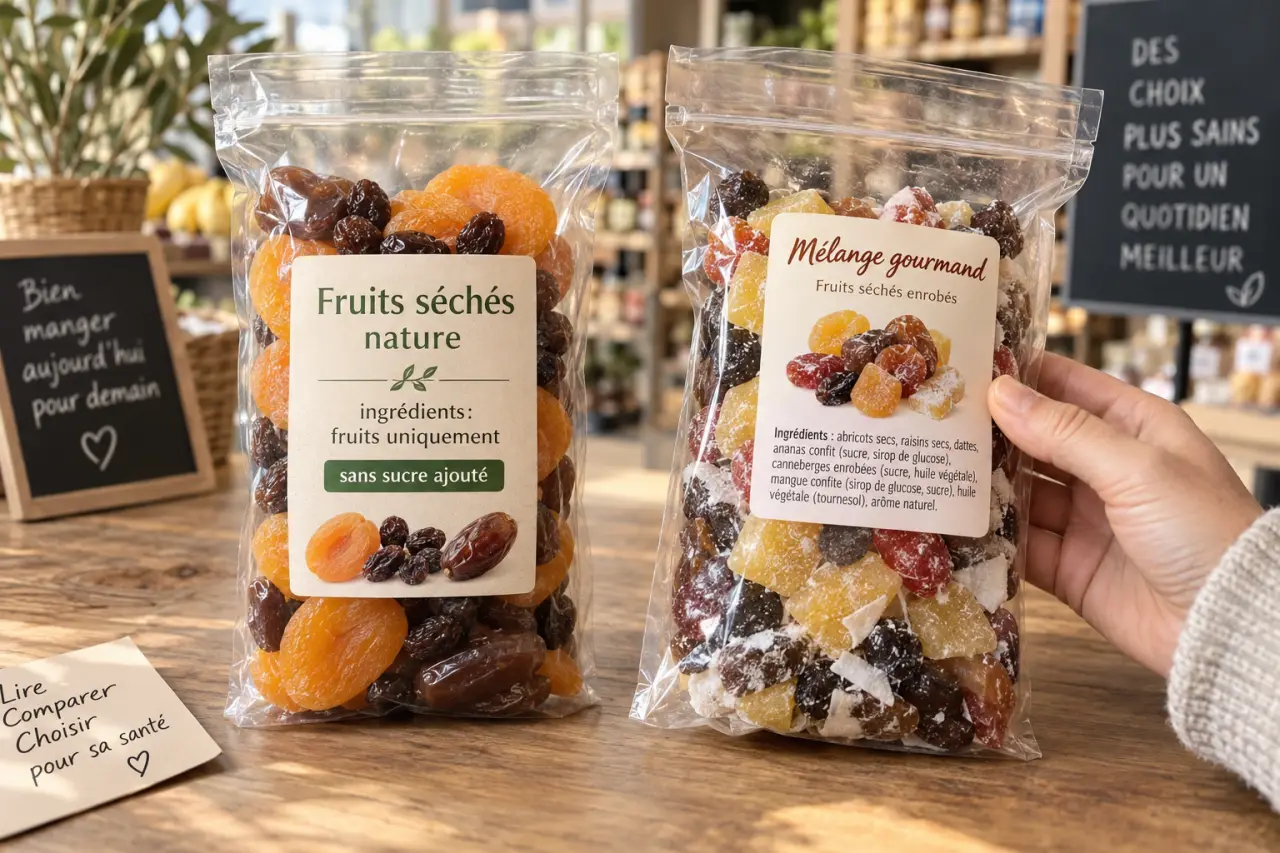 Fruits séchés : l’étiquette distingue le produit nature du faux bon choix