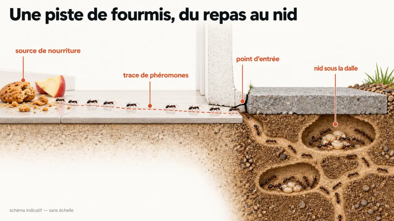 Schéma du trajet des fourmis et du répulsif fourmies naturel