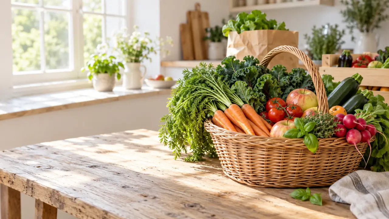Panier en osier rempli de fruits et légumes bio locaux de saison