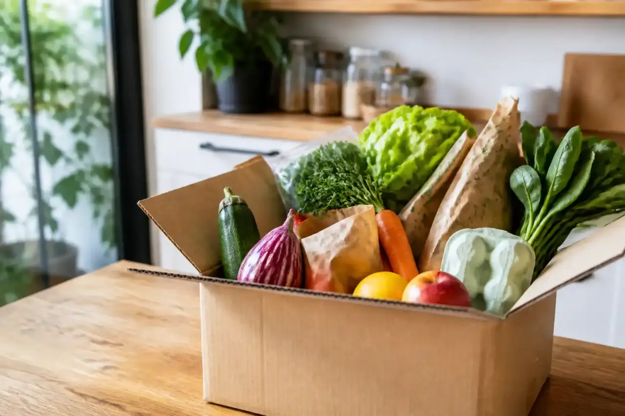 Panier de légumes bio et de saison posé sur une table en bois, lumière du matin
