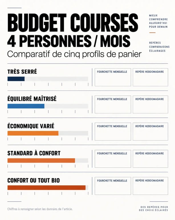 Infographie du budget courses pour 4 personnes par mois selon le profil de panier