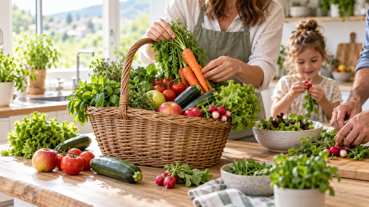 Panier de légumes bio et locaux posé sur une table en bois