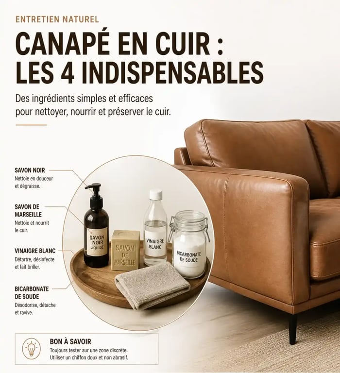 Produits naturels pour nettoyer canapé cuir naturellement : savon noir, savon de Marseille, vinaigre blanc, bicarbonate