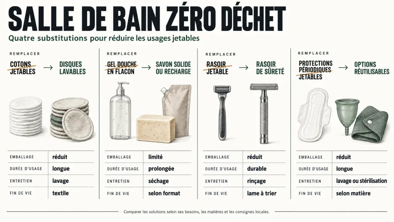 Salle de bain zéro déchet : alternatives lavables, solides et rechargeables