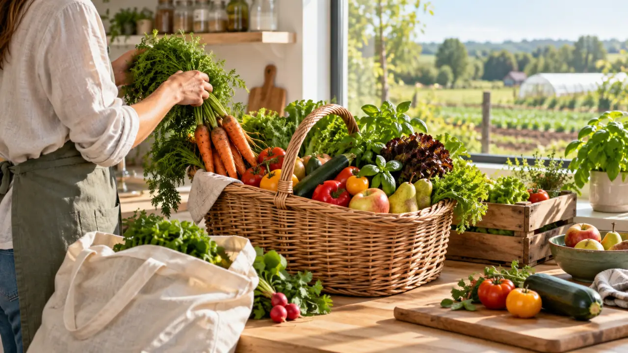 Panier de fruits et légumes bio et locaux posé sur une table de cuisine
