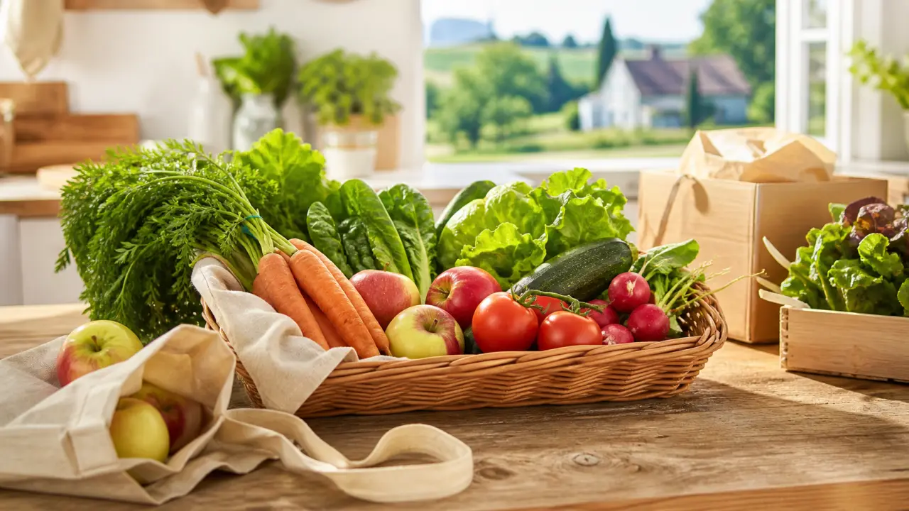 Panier bio local débordant de légumes de saison colorés sur une table en bois