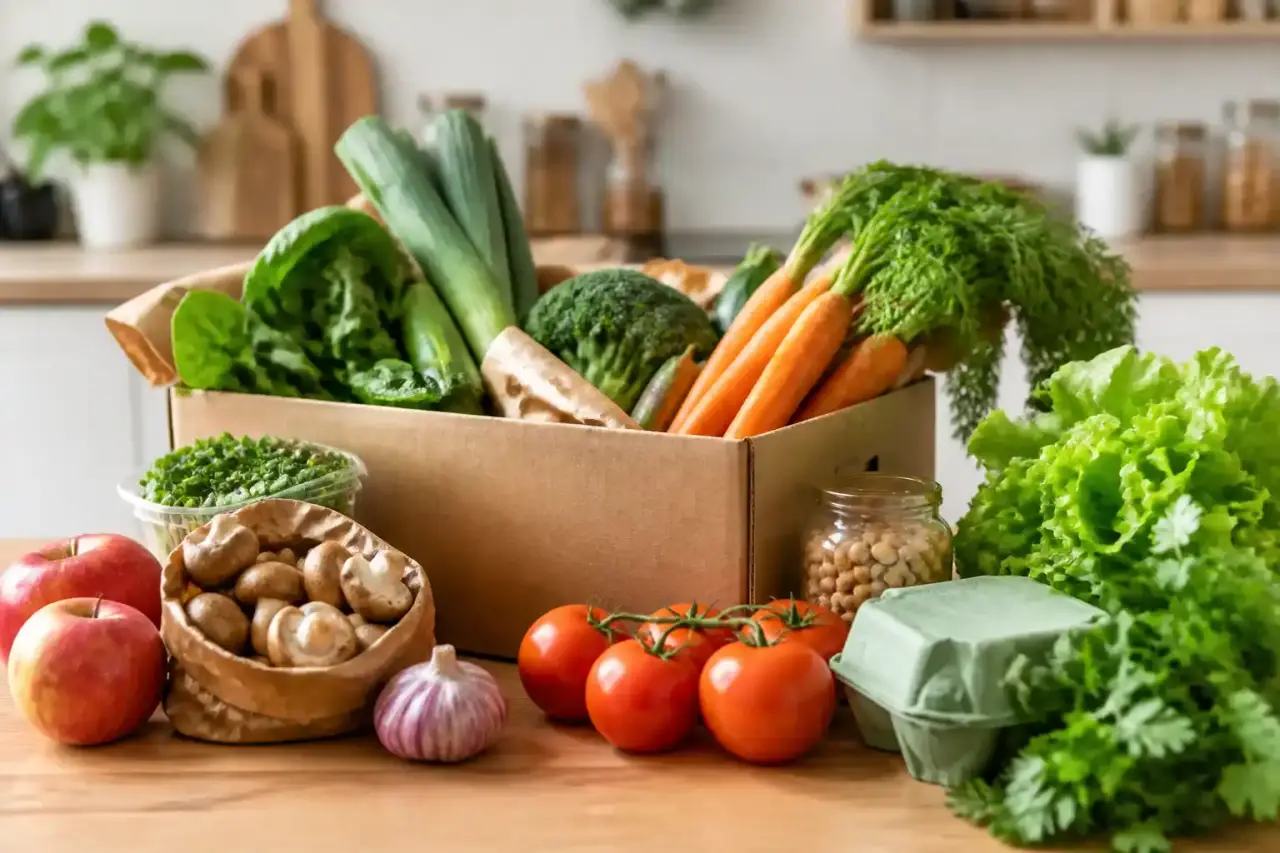 Panier en osier débordant de légumes de saison colorés sur une table en bois