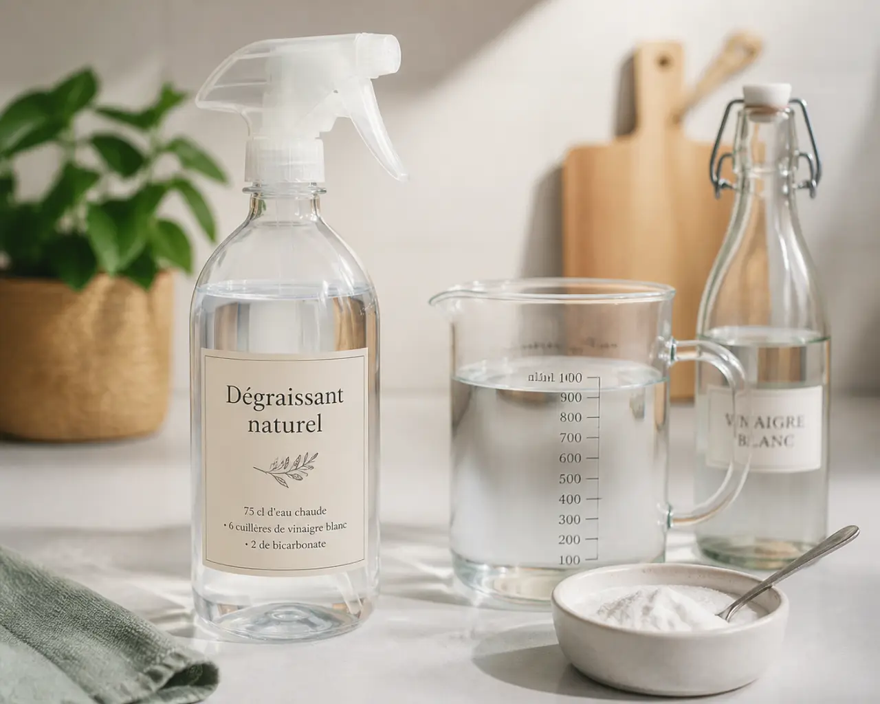 75 cl d’eau chaude, 6 cuillères de vinaigre blanc et 2 de bicarbonate : le bon dosage d’un dégraissant naturel